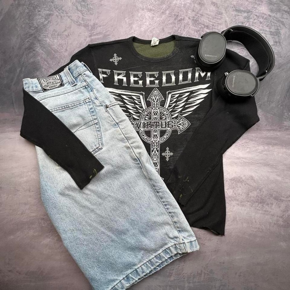 Freedom Y2K Long‎ Sleeve Shirt Crosses Wings Fall School Thermal Knit Size S